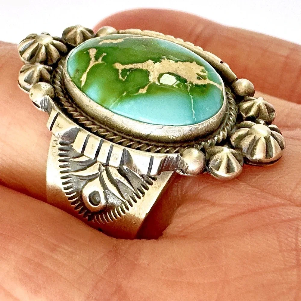 Navajo‎ Turquoise Ring Sz 10 Sonoran Gold Sterling Benally Native American Stars